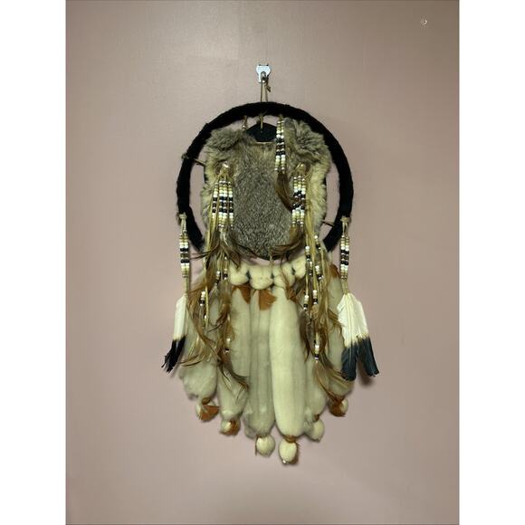Native American Dream Catcher Wood Wool Feathers Beads Rabbit XL Boho Hippie - Picture 1 of 6